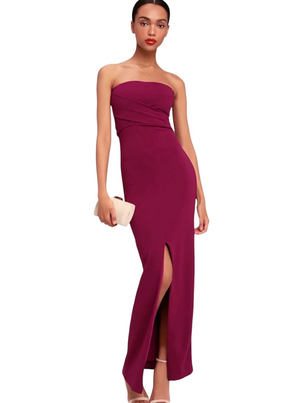 Lulus Maxiā Dress Womens XS Berry Pink Lined Front Slit Own the Night Strapless
